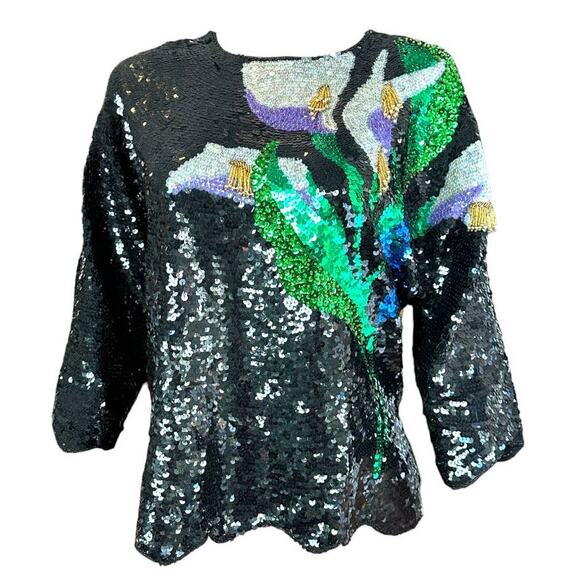 Vintage Black Silk Sequin Top 3/4 Batwing Sleeve Calla Lily Pattern Size XL 1X - Picture 3 of 10
